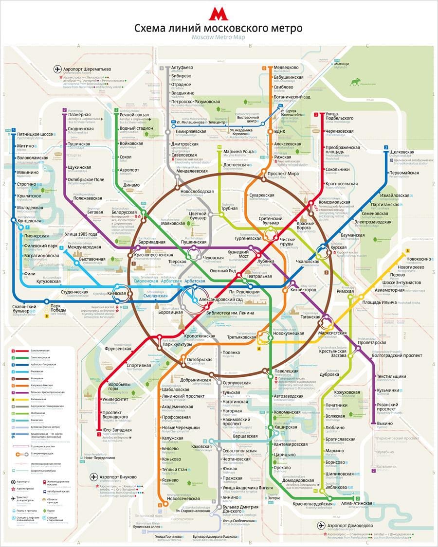 แผนที่ของมอสโคว์ก่อนทางรถไฟใต้ดินภาษาอังกฤษและภาษารัสเซีย